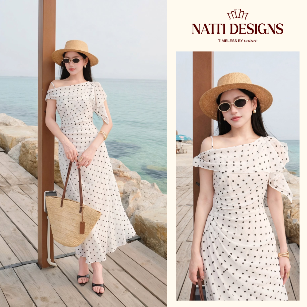 Váy chấm bi lệch vai