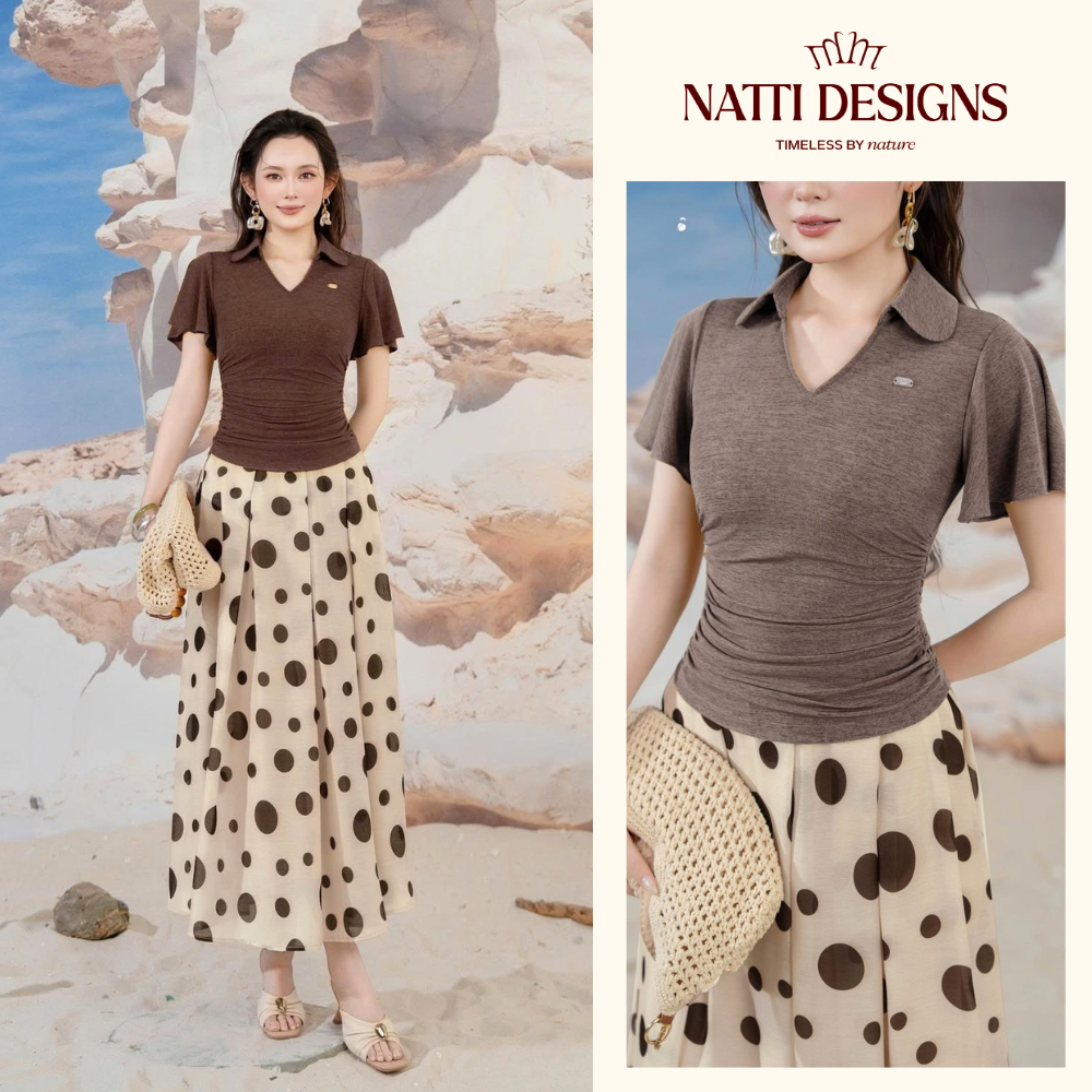 Áo Thun Cổ Polo Nhún Eo Tay Loe Thanh Lịch